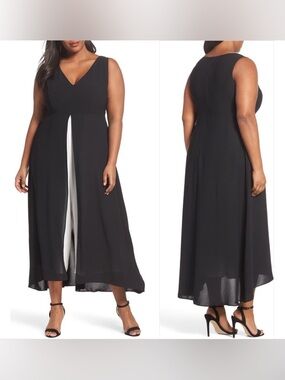 Adrianna Papell Elegant Breezy V Neck Dressy Skirted Jumpsuit Black & White 16